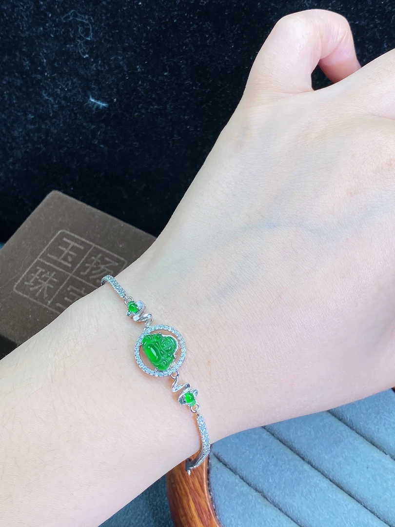 天然翡翠手镯A货阳绿佛公设计款手链通体S925银镶嵌