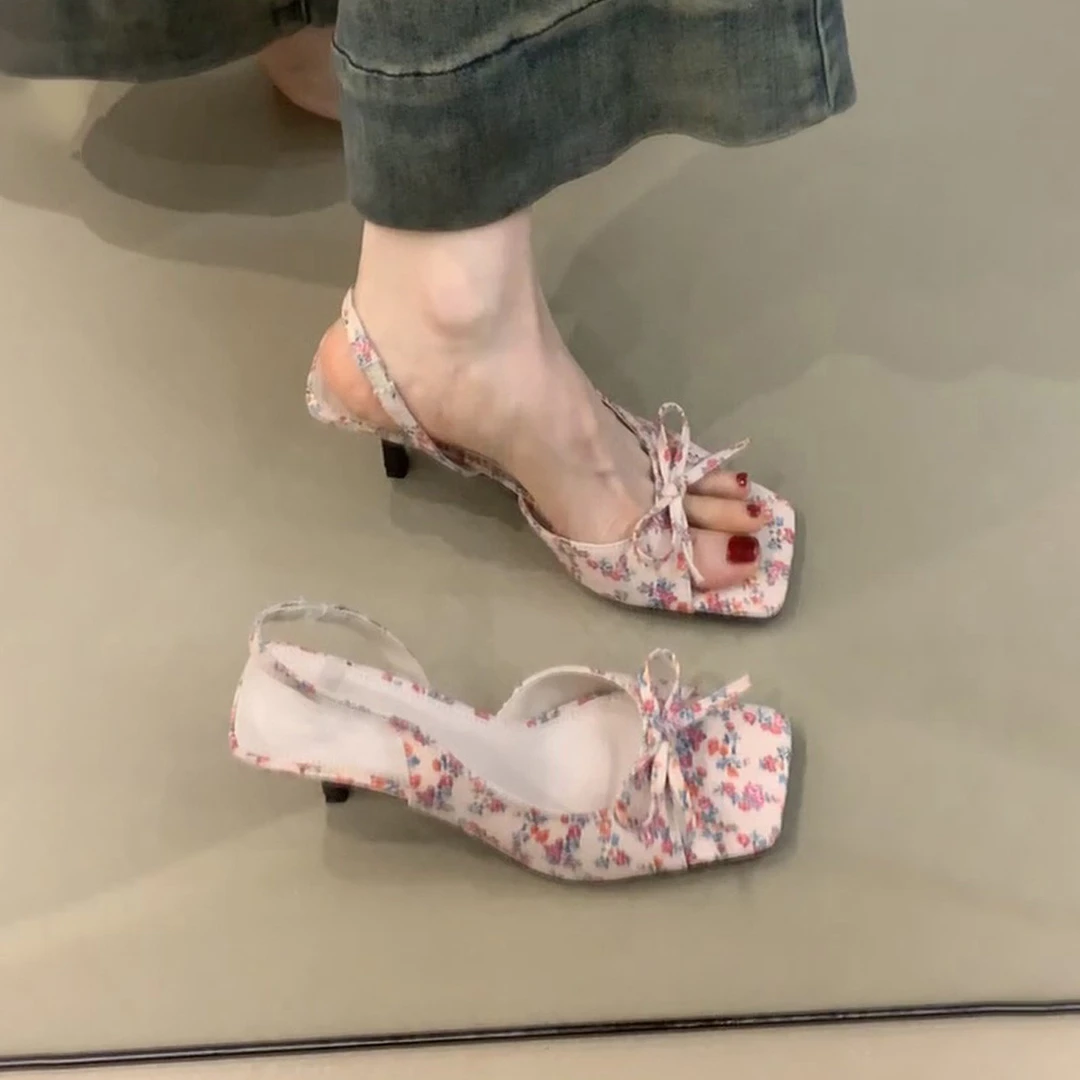羊皮版~法式碎花高跟凉鞋方头露趾仙女蝴蝶结细跟一字带高跟鞋女