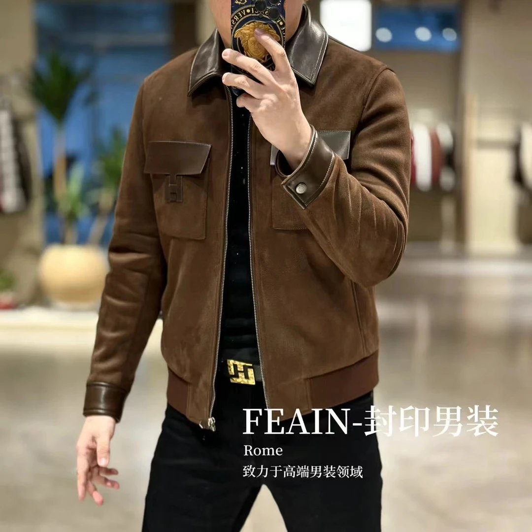 【鹅绒拼真皮】高端男士鹅绒拼真皮H口袋设计鹅绒羽绒服K5712