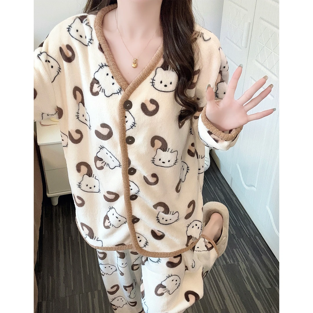 卡通睡衣女款秋冬季珊瑚绒加厚加绒保暖开衫法兰绒KT猫家居服套装