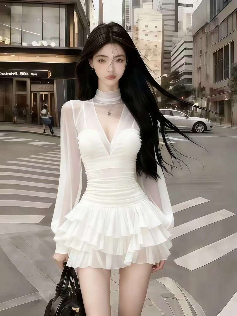 秋冬季新款静奢纯欲气质千金风白色网纱V领长袖修身收腰连衣裙女