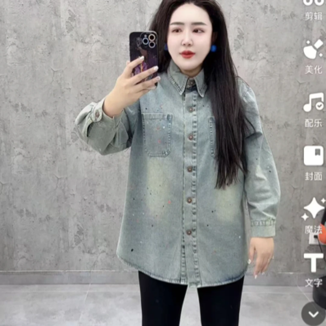 欧货宽松牛仔衬衫百搭休闲漆点上衣