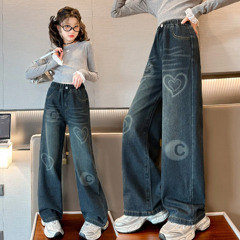 女童牛仔裤春秋2025新款儿童洋气阔腿裤中大童女孩宽松直筒长裤子