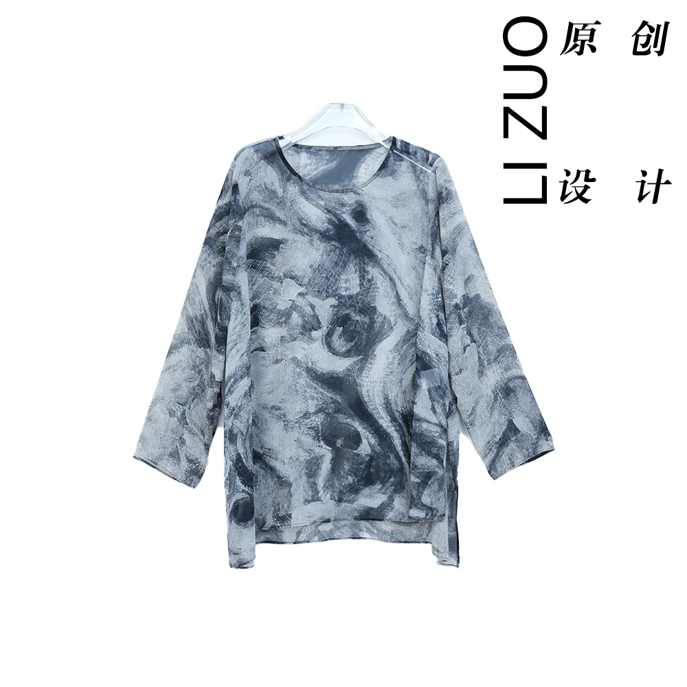 大码胖mm女人味老钱风乔其纱时尚百搭圆领长袖防晒罩衫上衣9516