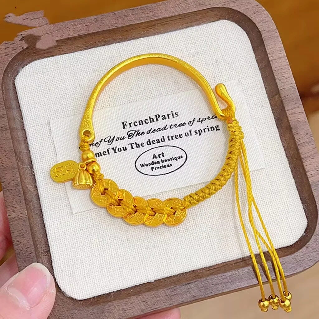 铜合金手镯 新中式五帝钱纳福牌半镯手链莲蓬流苏编织手镯复古