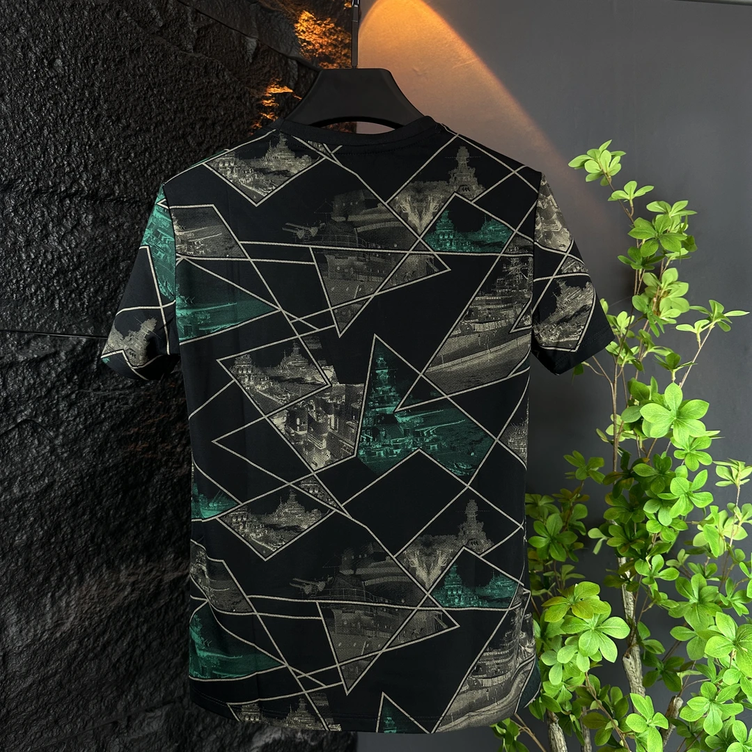 新款男士圆领夏款短袖质感复古潮流格子个性薄T恤中青年轻奢半袖