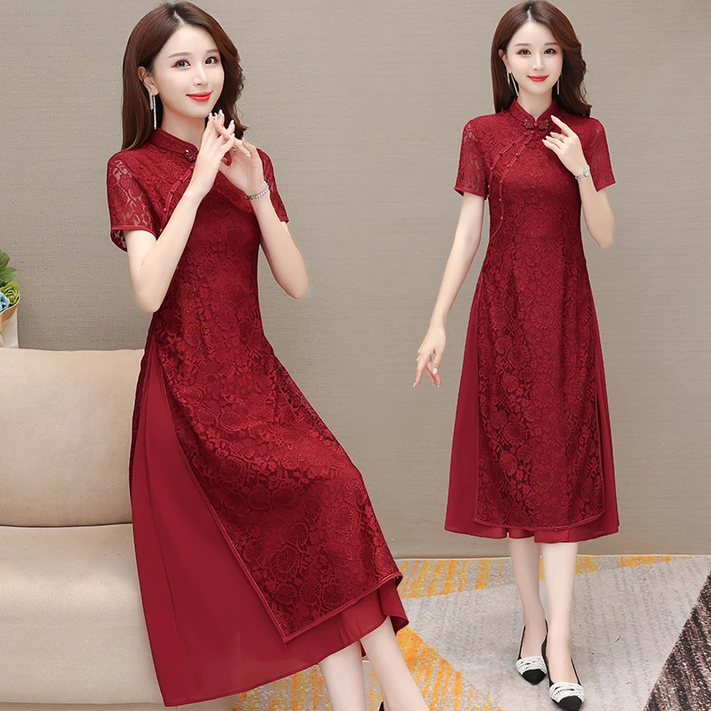【欧赛雅文】红色蕾丝旗袍连衣裙女2025年新款喜妈妈喜婆婆婚宴裙子