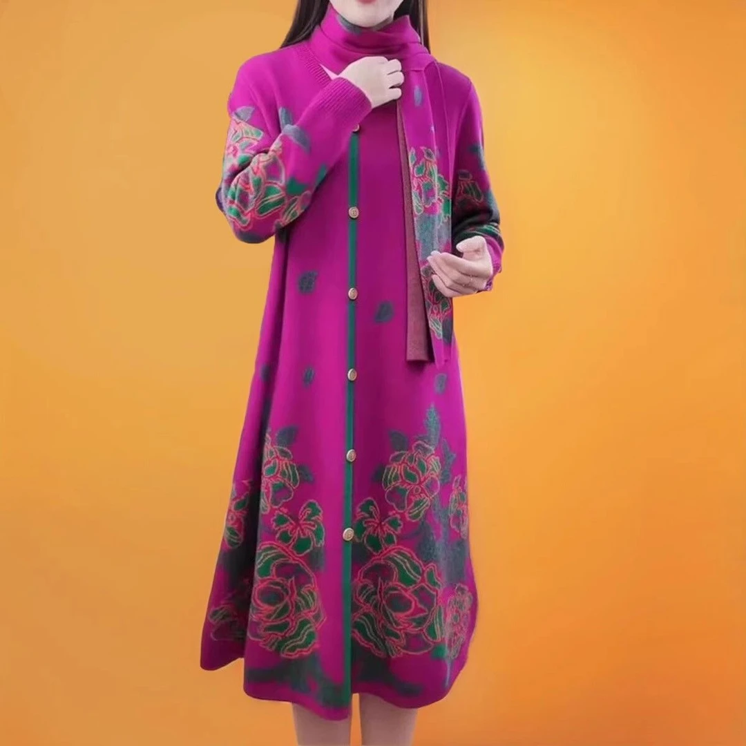 秋冬新款文艺范复古印花毛衣裙女设计师时尚洋气保暖送围巾连衣裙