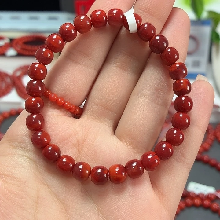 南红玛瑙未镶嵌牛红俏色老型6.8+手围16原矿无胶裂无优化
