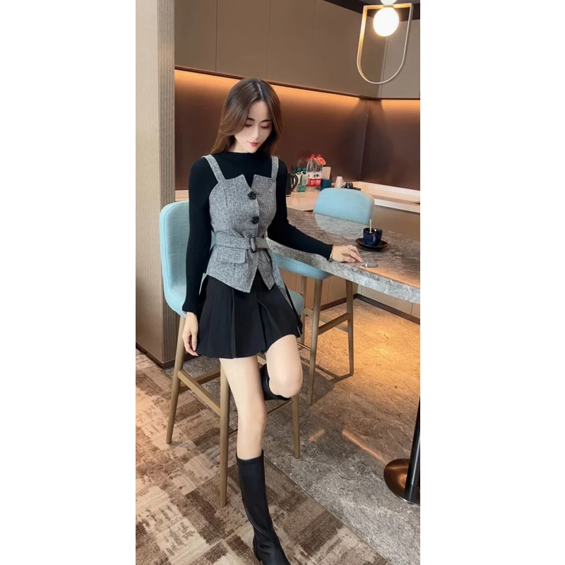 含腰带/名媛风气质洋气两件式针织马甲上衣女显瘦百褶半身裙短裙