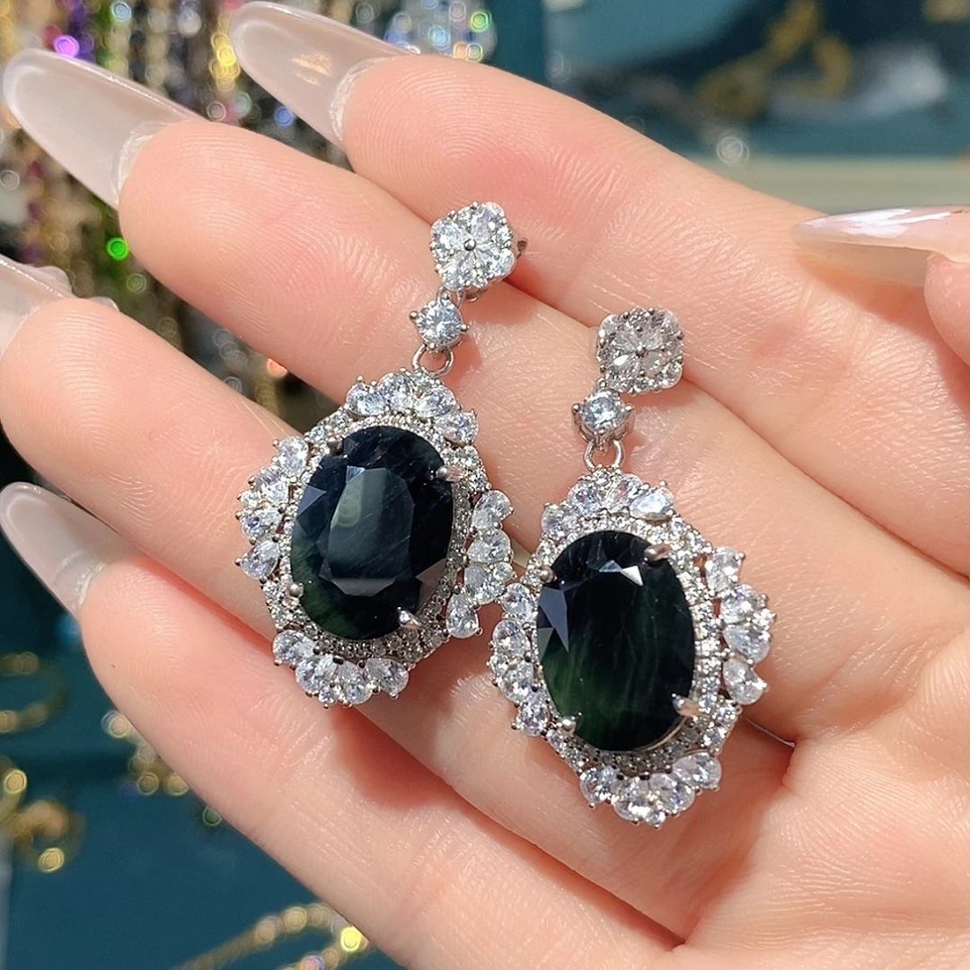 耳饰蓝宝石银S925镶嵌天然蓝宝石