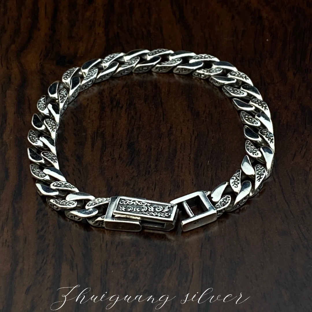 925银手链 古巴链唐草纹复古实心扁链时尚个性潮男民族风简约银链