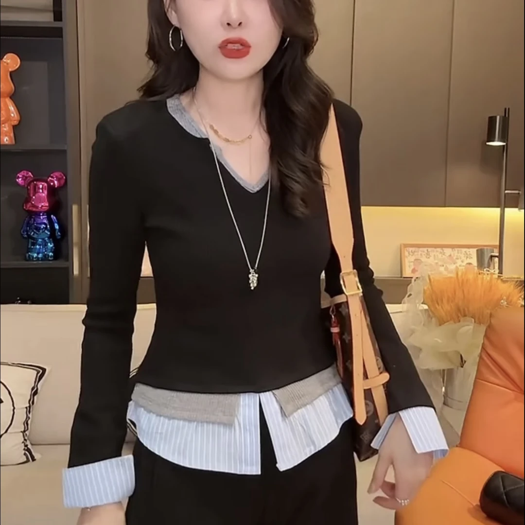 韩版V领正肩拼接假两件长袖女春秋修身显瘦打底上衣
