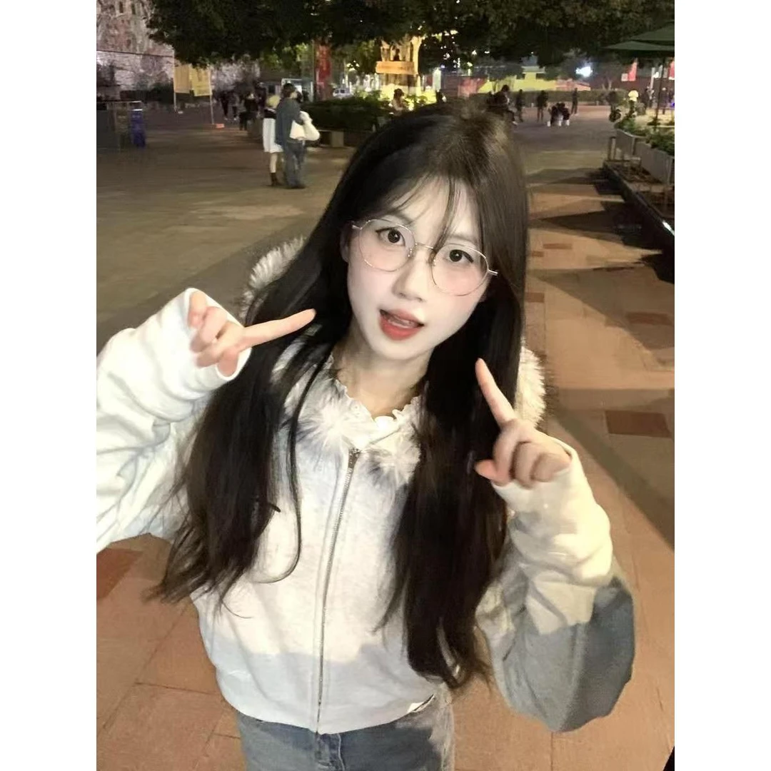 【华棉】毛领短款外套女秋冬新款小个子保暖加绒休闲百搭连帽卫衣