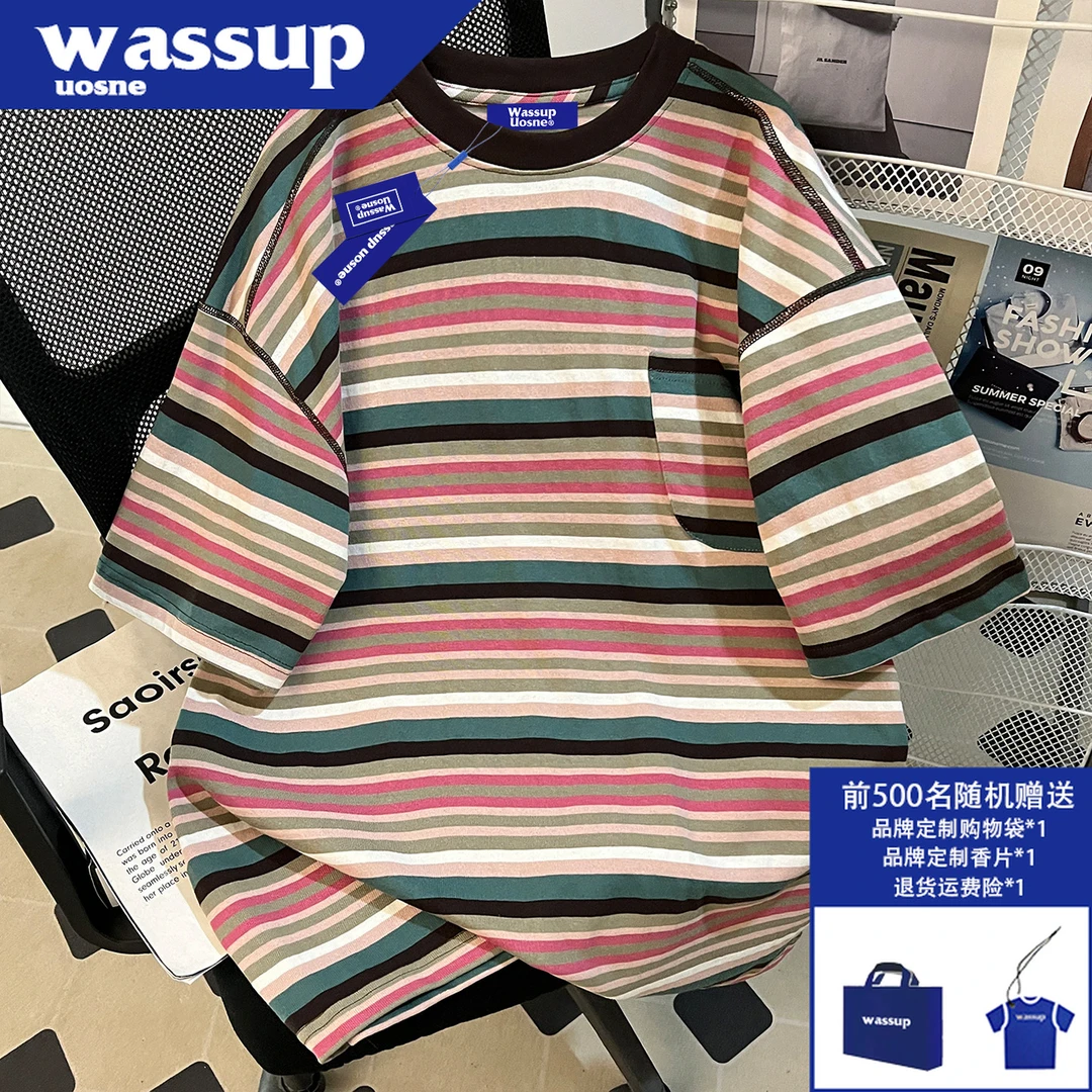 美式ins撞色重磅短袖t恤男夏季新款百搭宽松彩色条纹舒适半袖上衣