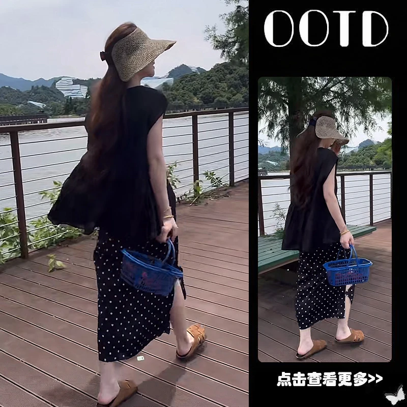 【现货】夏穿搭一整套2025新款韩版慵懒风宽松短袖开叉半身裙两件套