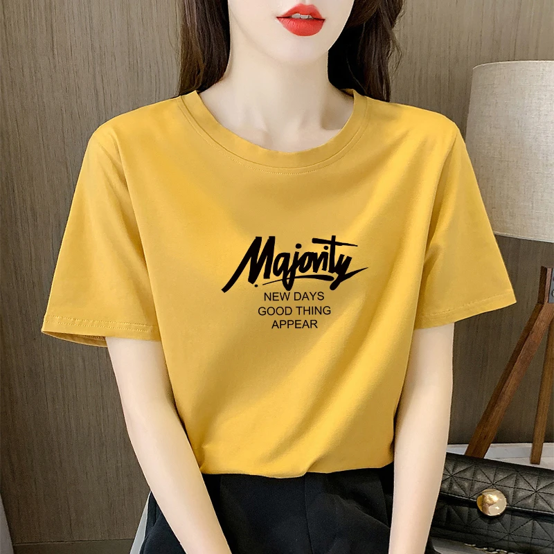 姜黄色短袖宽松t恤女圆领春夏季2025新款纯棉百搭显瘦正肩上衣