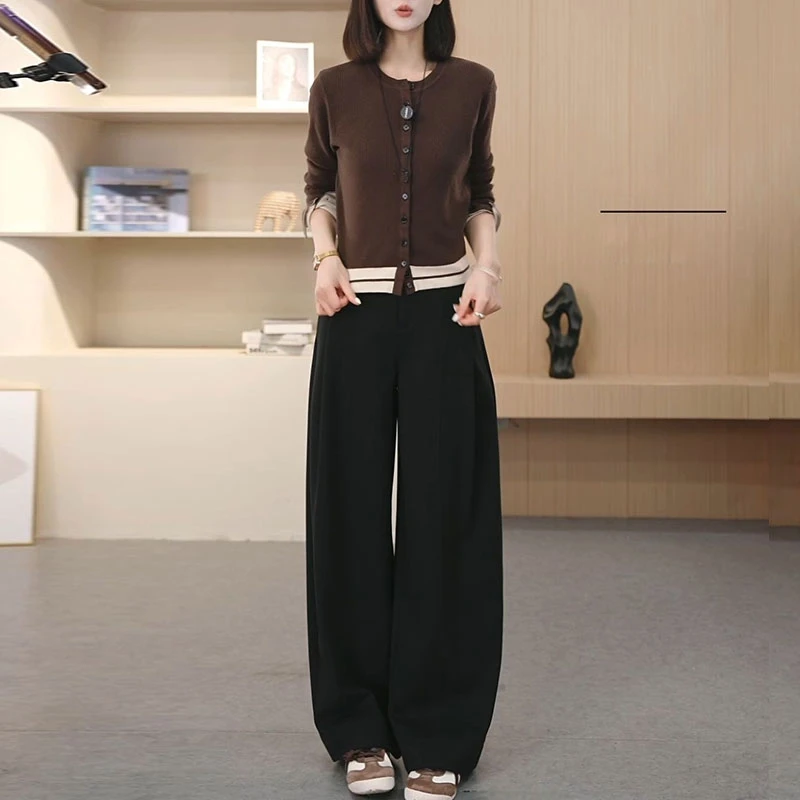 高级感时髦减龄套装女2025秋新款撞色针织上衣显瘦休闲裤两件套潮