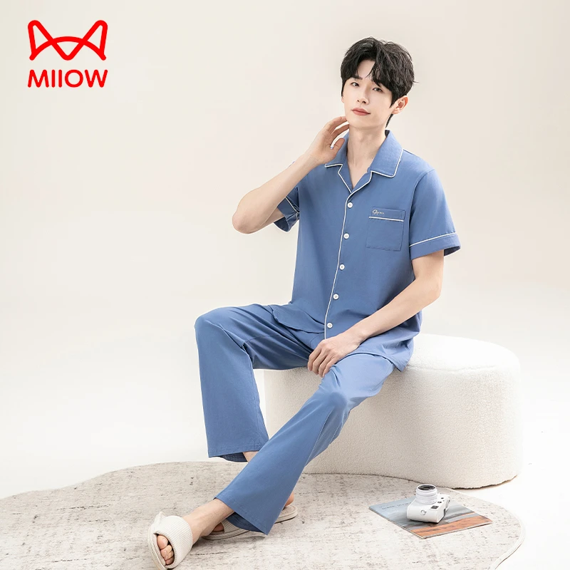 猫人睡衣男短袖长裤纯棉薄款拉架棉爽棉套装加大码男士休闲家居服
