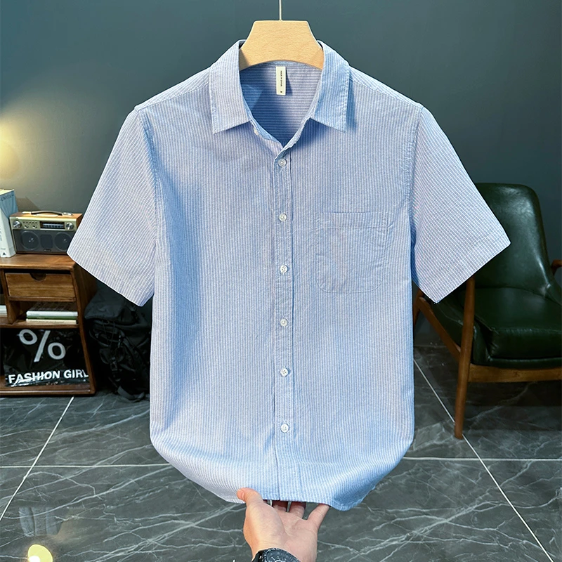 轻奢潮流条纹清新短袖衬衫男夏季薄款时尚百搭帅气休闲宽松衬衣潮