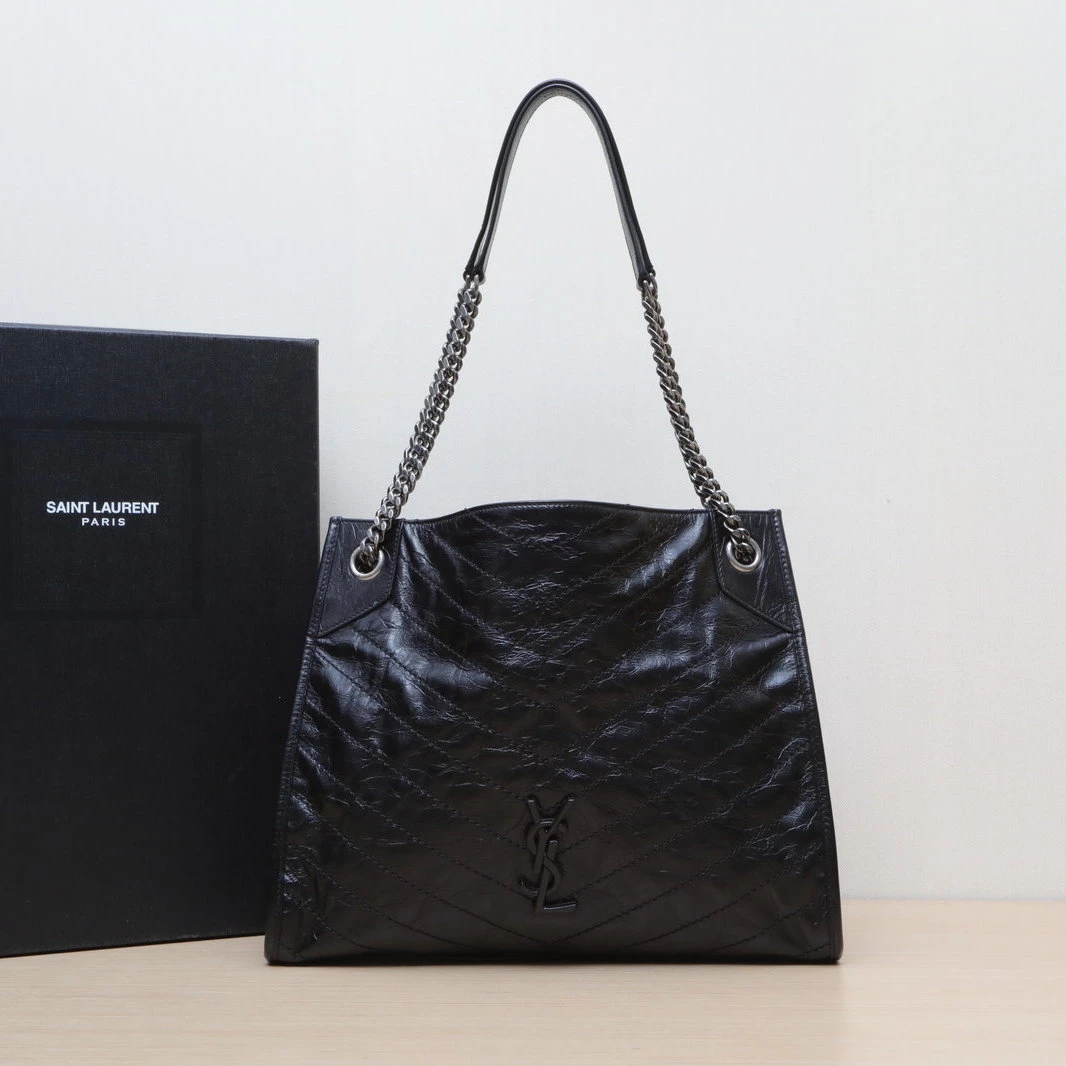 99新 YSL/圣罗兰 【小花黑黑】购物袋 中号 33 黑色
