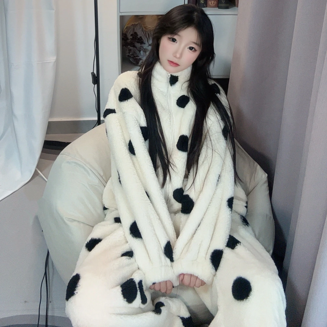 秋冬季保暖家居服套装女加厚加绒波点长袖宽松可外穿