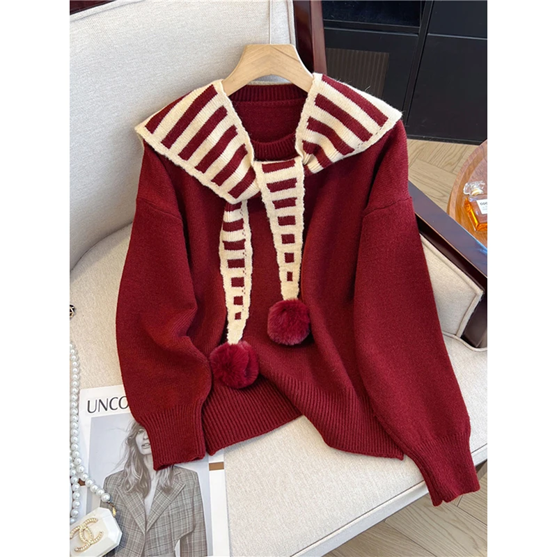 安哥拉红色毛衣女秋冬内搭圣诞穿搭2025蛇年本命年衣服海军领上衣