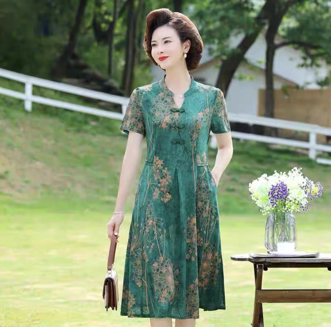 夏季短袖新款遮肉显瘦洋气时尚妈妈装连衣裙01