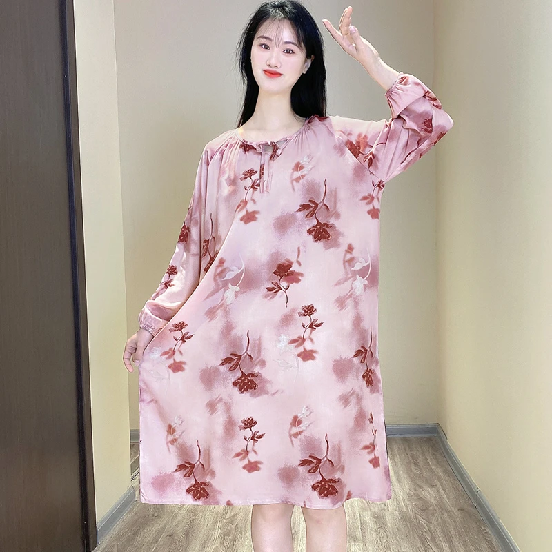 棉绸睡裙女款2025新款夏季长袖不带胸垫中长款可外穿家居服Y159
