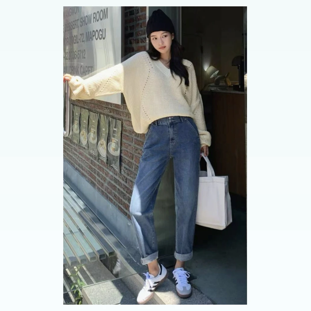 月花洞韩国正品秋#271显瘦设计师哈伦9分牛仔裤百搭90cm高腰