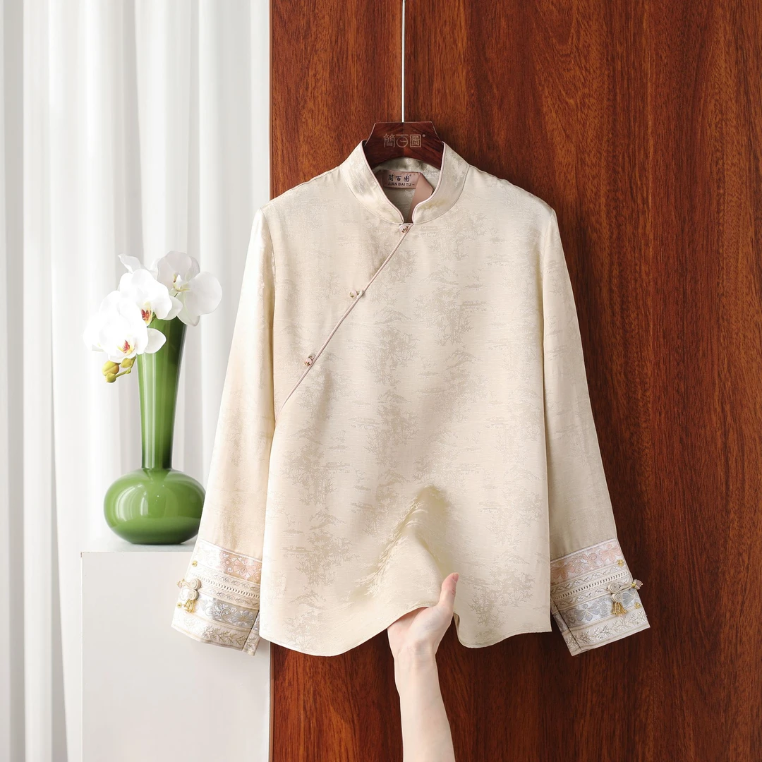 2025早秋新中式立领提花衬衫纯色拼接刺绣气质长袖提花缎面衬衫