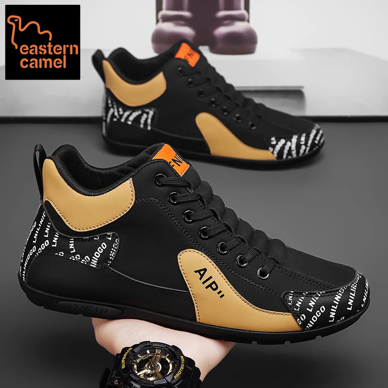 东方骆驼男鞋2025新款秋冬季高帮休闲板鞋百搭男士防滑黑色工装鞋
