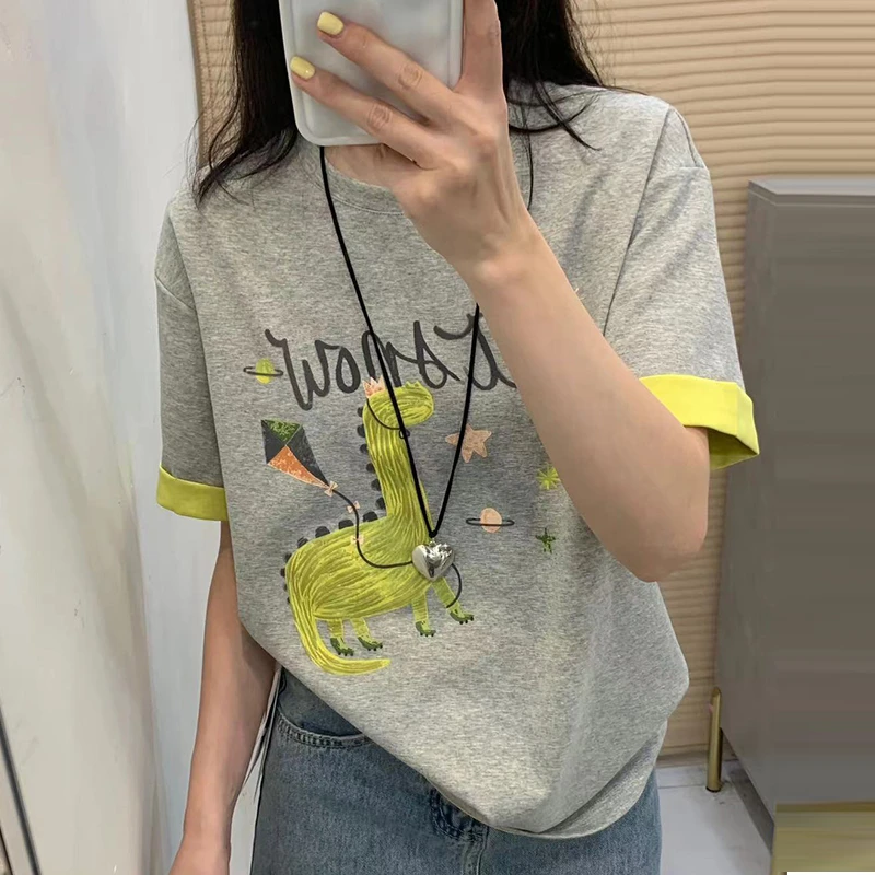 【纯棉】夏季小众炸街高级感女装大码卡通印花宽松休闲短袖t恤女