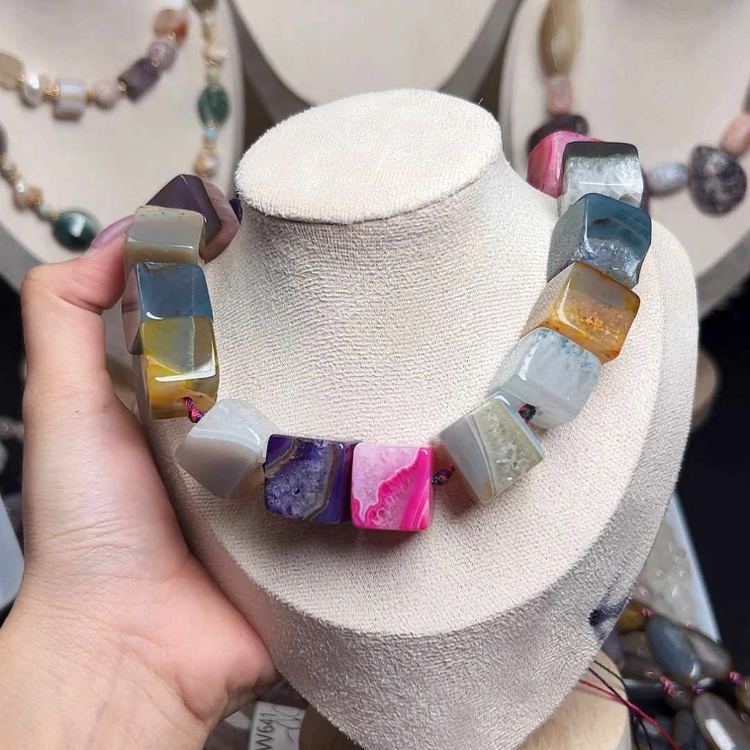 玛瑙/玉髓合金珠宝半成品w708 17m 彩色方糖玛瑙一条