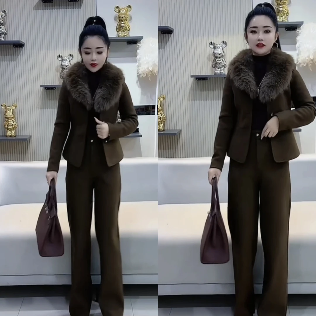 轻奢时尚舒适毛领加棉上衣长裤两件套冬季新款