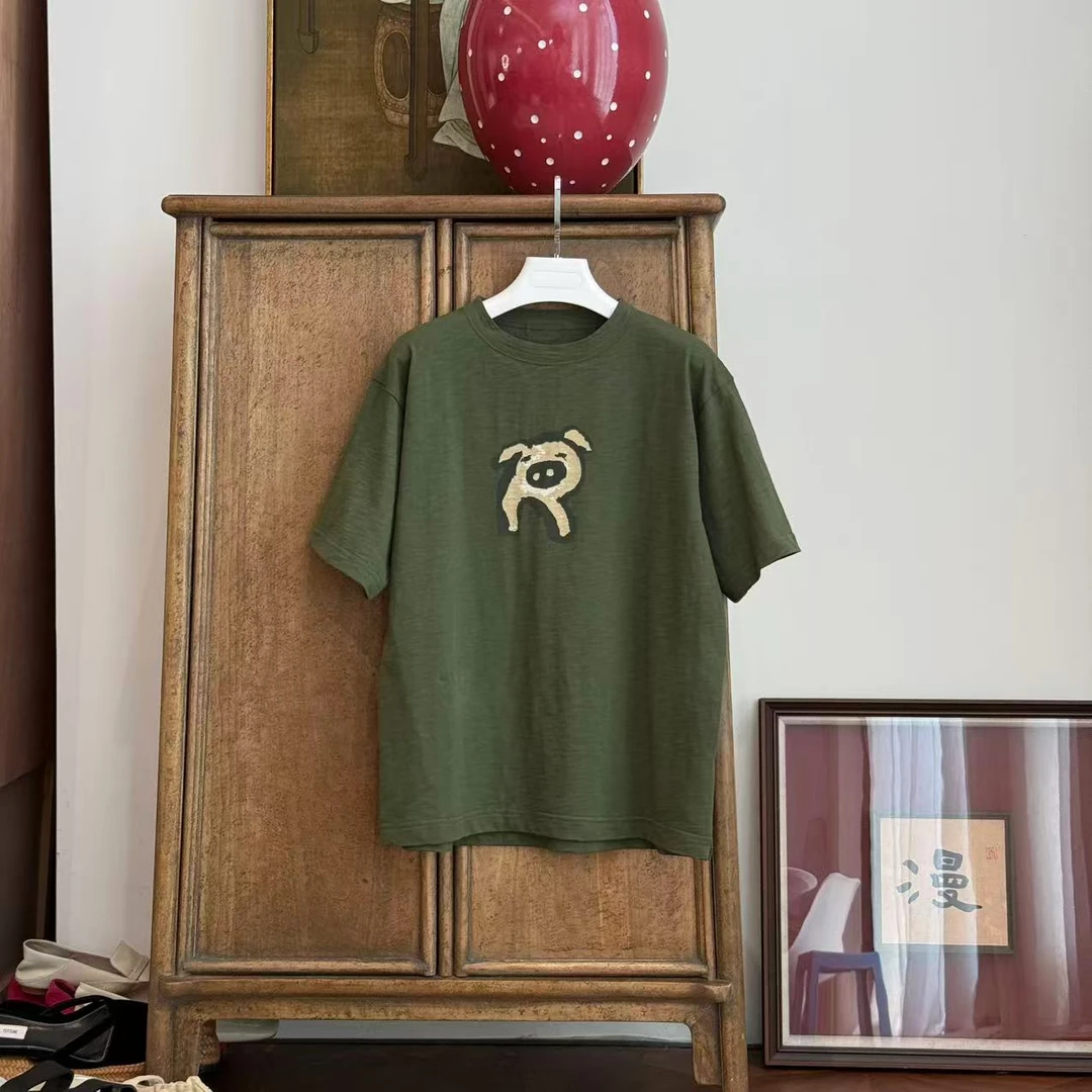 MYL 2025年夏季新款纯棉绿色短袖T恤小猪卡通简单休闲T恤