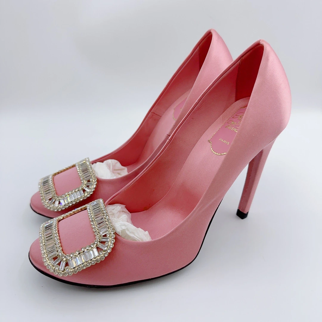 未使用 Roger Vivier/罗杰·维威耶 38码/粉色水钻高跟鞋/01289