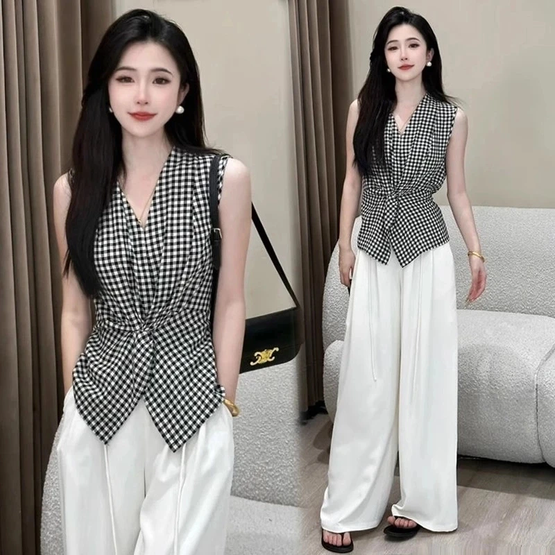 时尚套装女2025夏季新款洋气V领无袖黑白格纹衬衫阔腿裤两件套潮