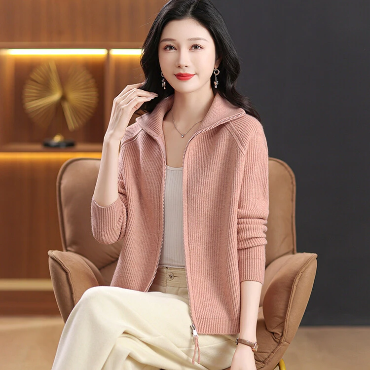 鄂尔多斯市羊绒衫女2025年秋冬短款红色双头拉链羊毛开衫外套加厚
