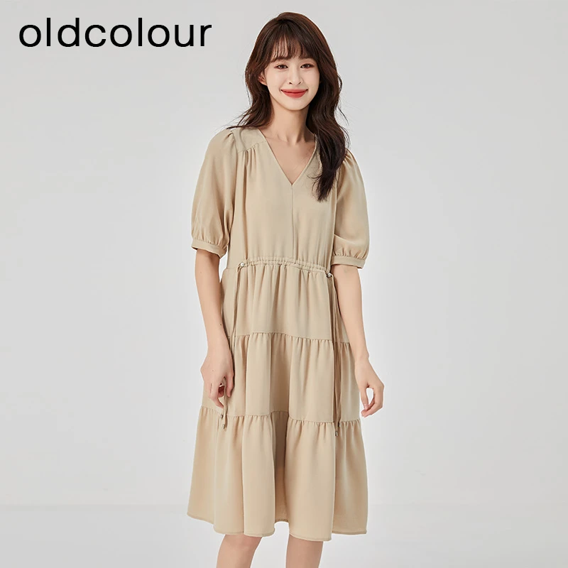 oldcolour商场同款夏季森女系气质高腰V领蛋糕连衣裙O22101241