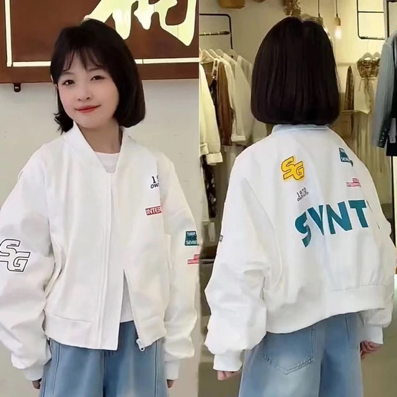 女童字母印花棒球服外套2025春款酷飒儿童小众假两件宽松夹克上衣
