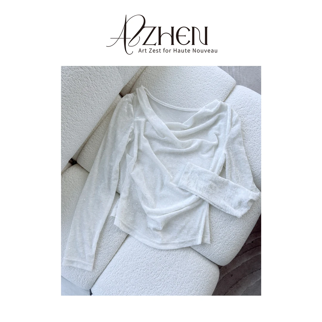 AZZHEN【荡领美学】折角腰轻奢细闪斜肩荡领打底衫AZ5PST12-ST