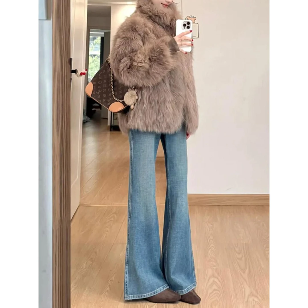 加绒不贴腿微喇牛仔裤女秋冬季2025新款小个子高腰阔腿宽松喇叭裤