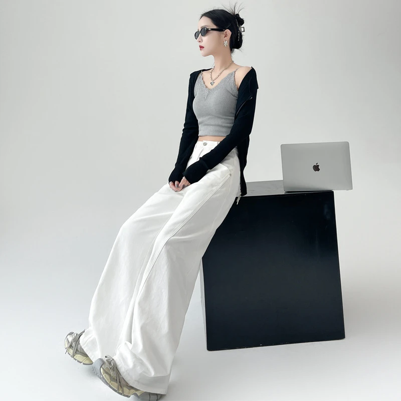 白色复古高腰宽松直筒牛仔裤女长裤夏季薄款休闲显瘦拖地裤铭海春