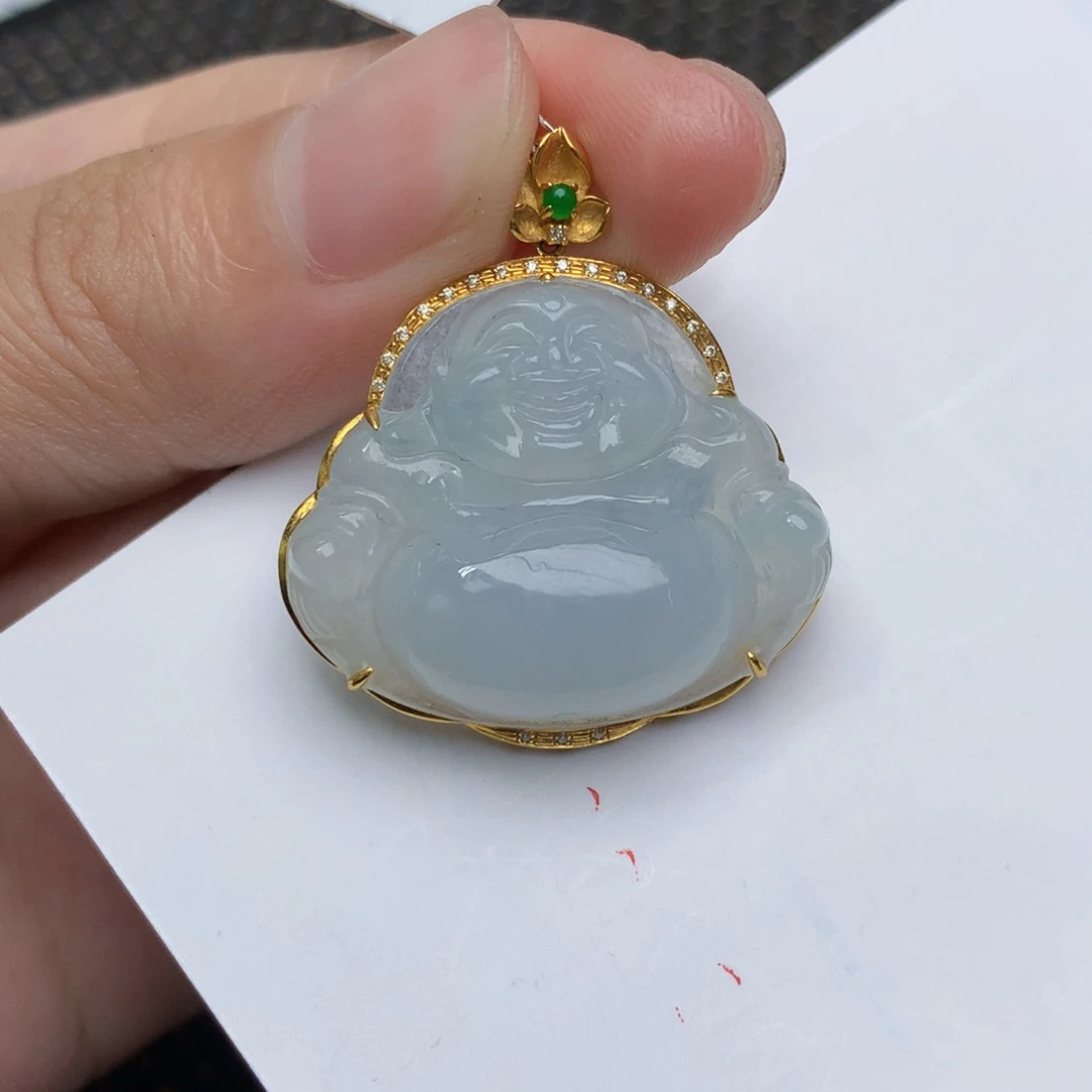 颈饰18K金镶嵌翡翠天然缅甸翡翠A货高货冰佛公