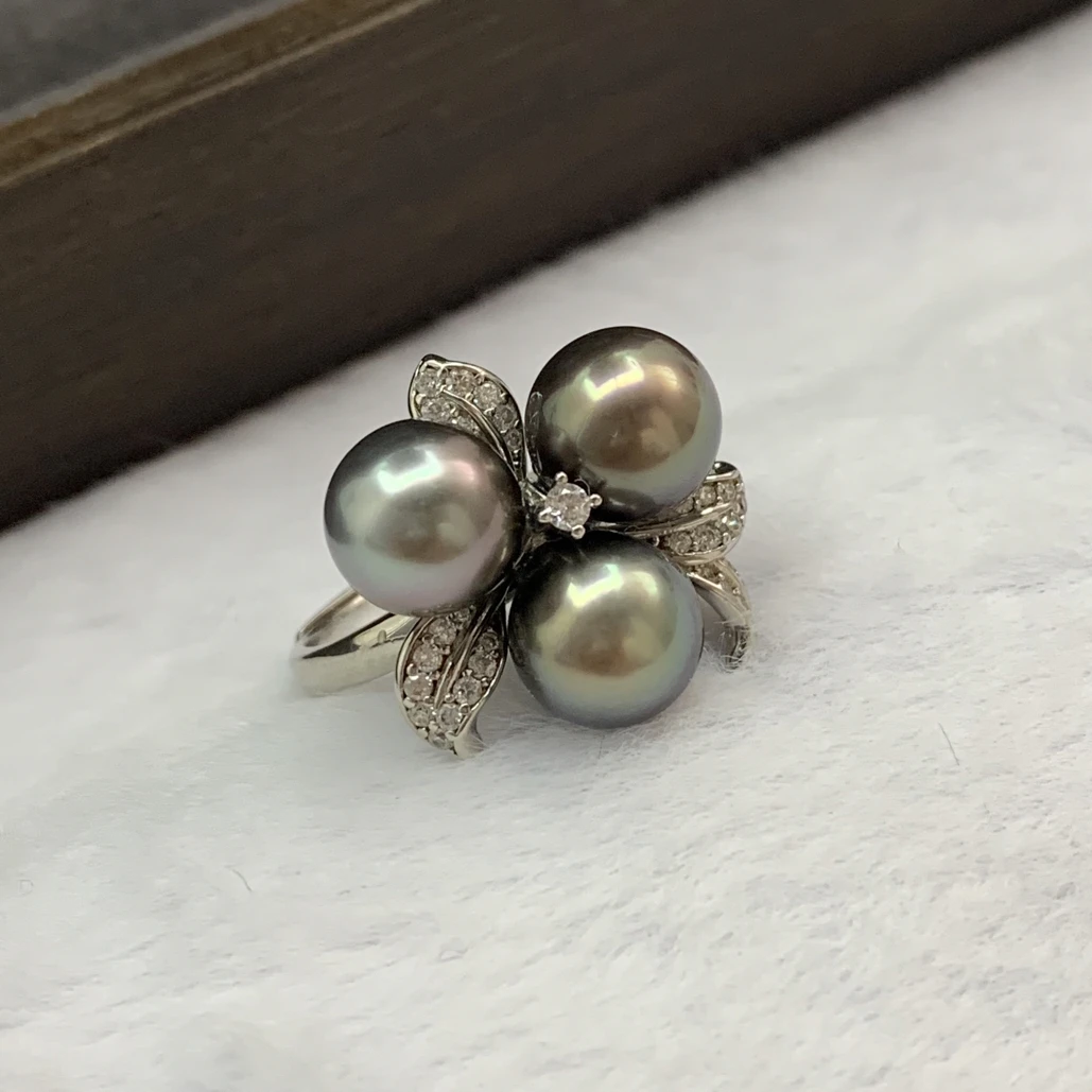 天然海水珍珠 大溪地珍珠戒指 三珠款 8-9mm s925银珍珠戒指