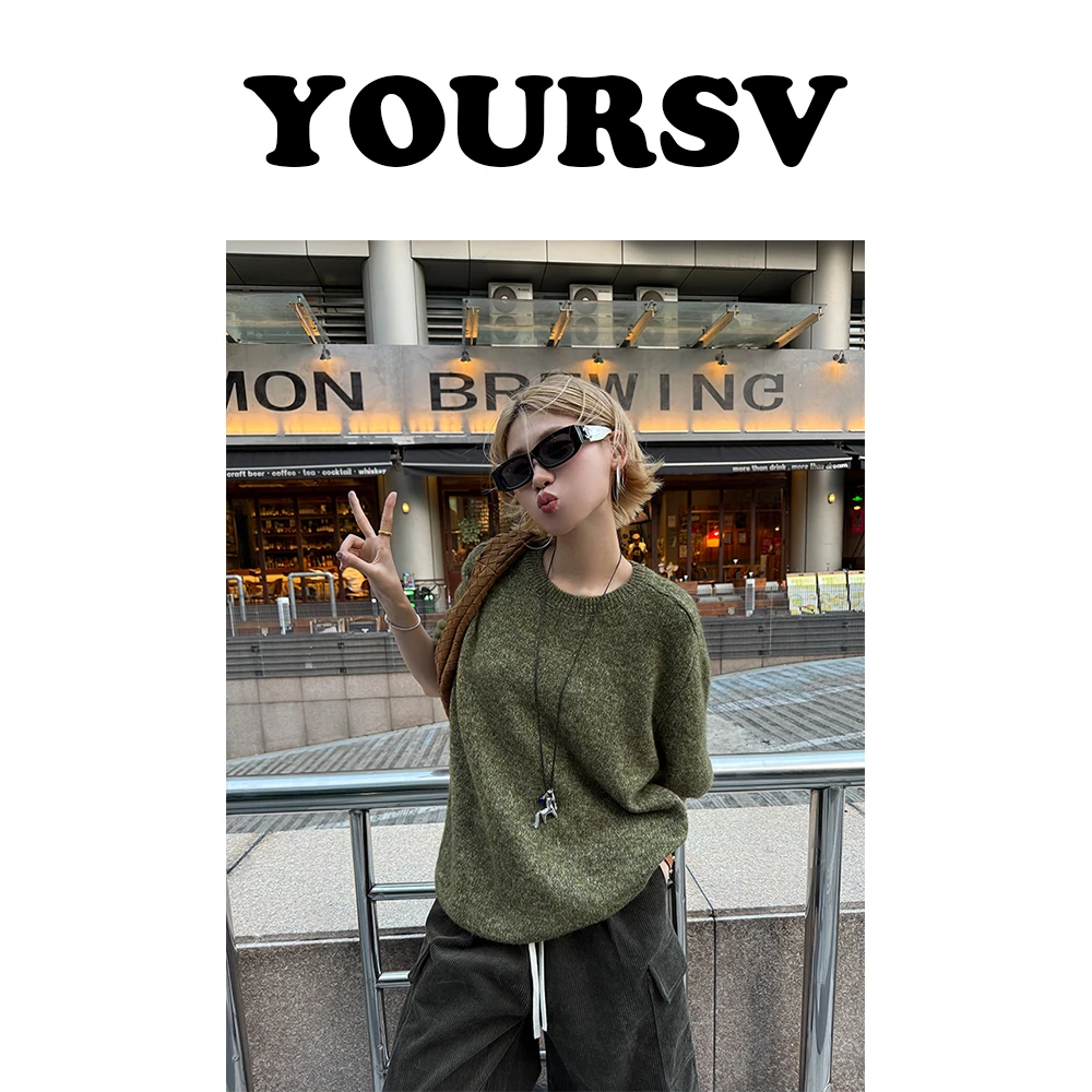 【YOURSV】「海苔绿」秋冬时尚中袖圆领羊毛衫女设计感高货山羊R上衣