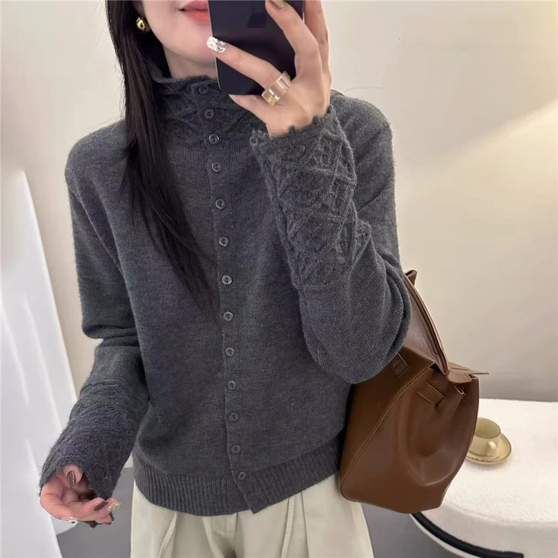 时尚钩花半高领宽松针织开衫毛衣秋冬长袖百搭翻领气质镂空打底衫