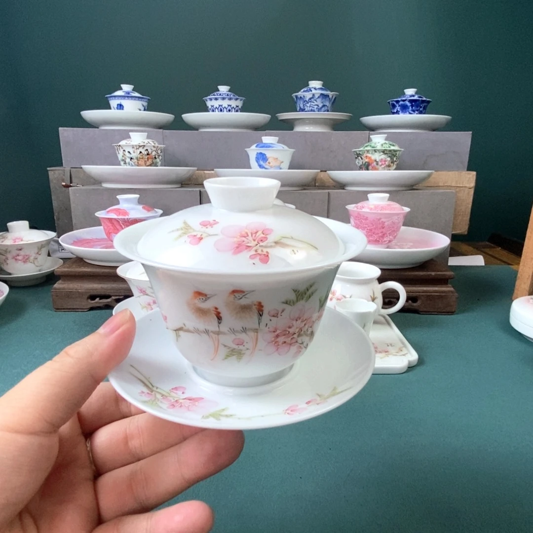 阳***！水点桃花三才盖碗