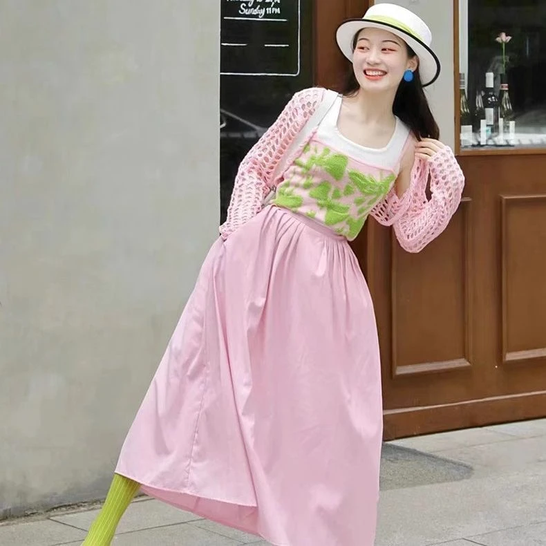 XLT5555507针织镂空吊带罩衫背心减龄粉色半身裙套装上衣三件套